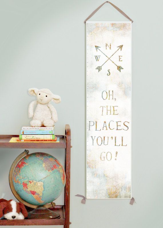 Canvas growth chart for girl’s or boy’s room or gender neutral nursery decor. “Oh the Places You’ll Go” growth chart with vintage