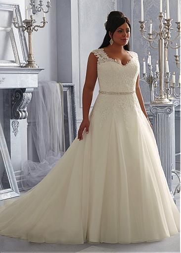 Charming Organza & Tulle V-neck Neckline Natural Waistline A-line Plus Size Wedding Dress With Lace Appliques