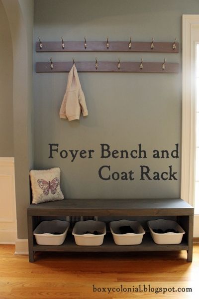 DIY bench with shoe storage and coat rack for an entrance way