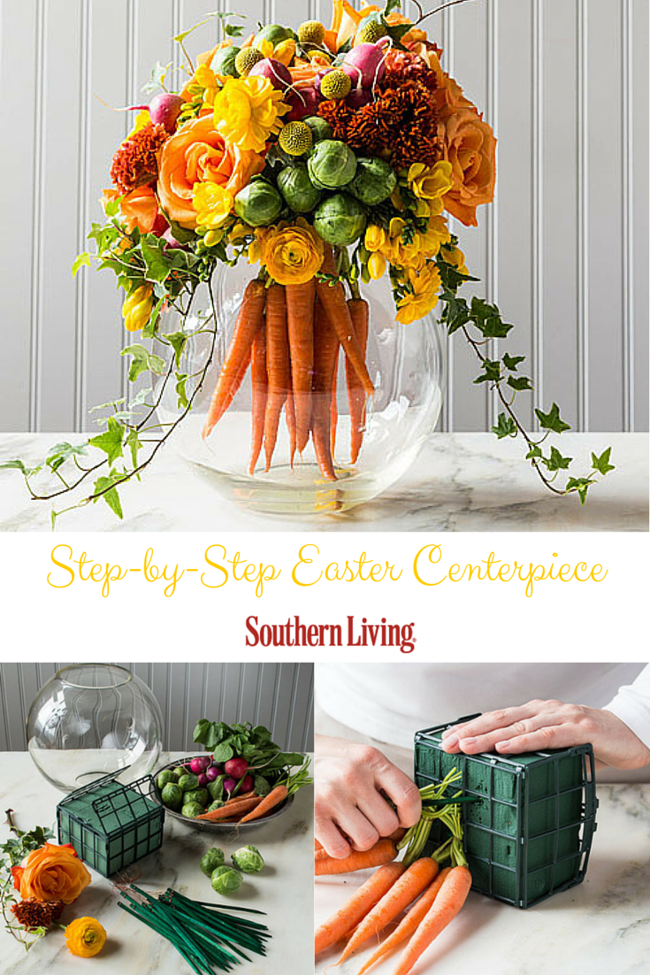 Easter Centerpiece | Mix up traditional floral arrangements with a bouquet of bright carrots at the heart of this more subtle