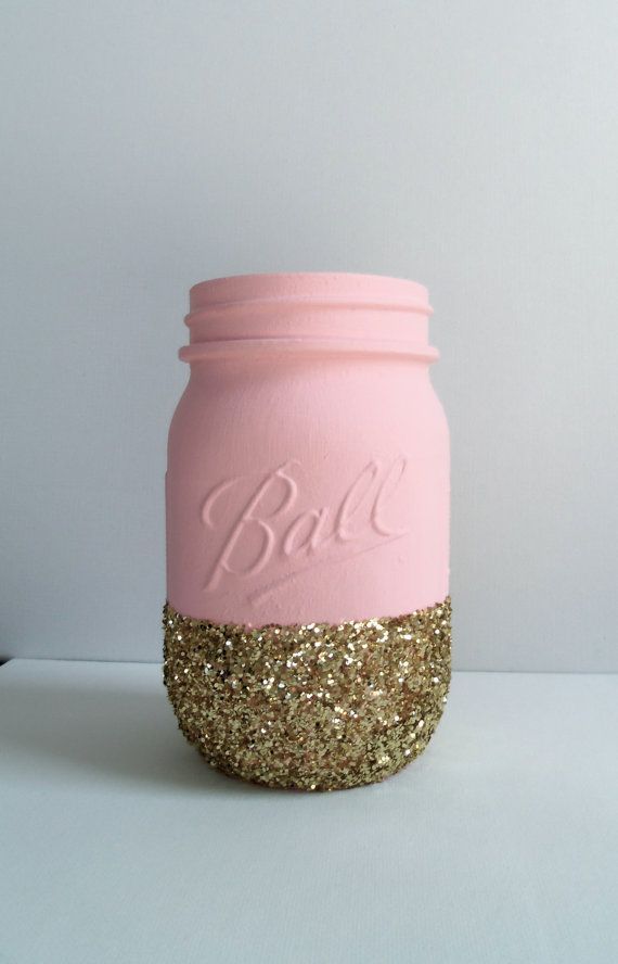 Gold Glitter Mason Jar- Pale Pink. Perfect for Weddings, Babyshowers, Makeup brushes, Birthday Parties!