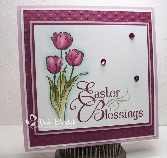 handmade card … Easter Blessings by justcrazy … luv the coloring on fhte tulips and the huge Easter Blessing sentiment …