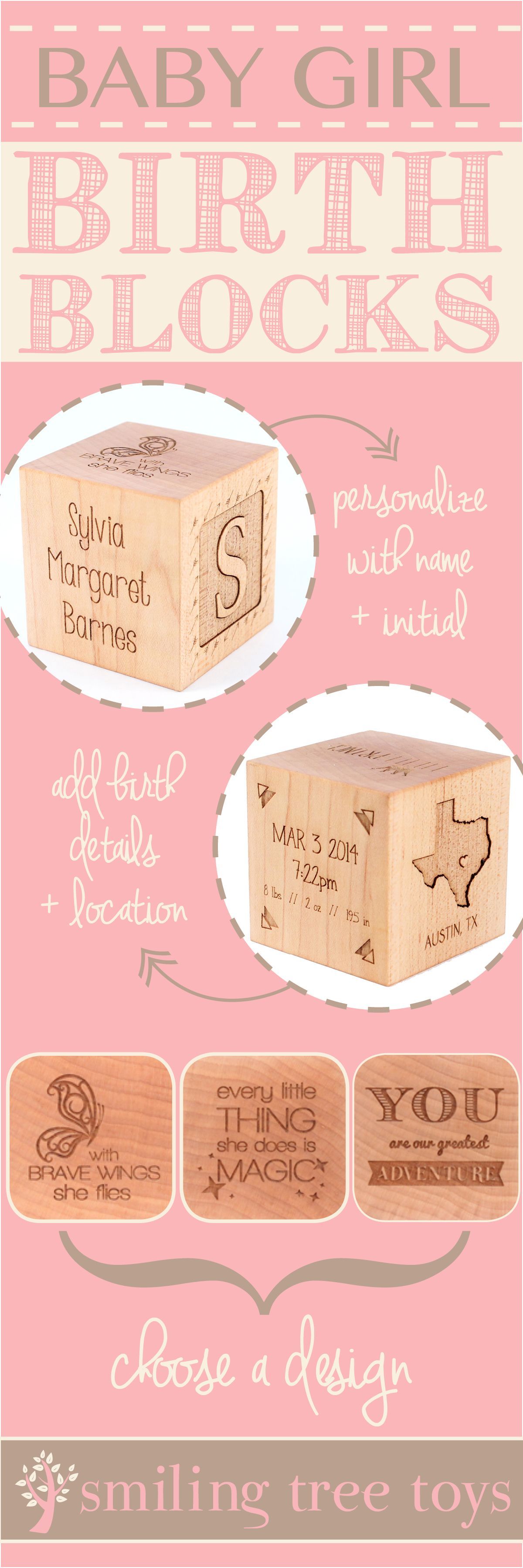 Keepsake Girl Birth Block // The perfect personalized, natural, heirloom gift celebrating baby girl’s birth // Smiling Tree Toys