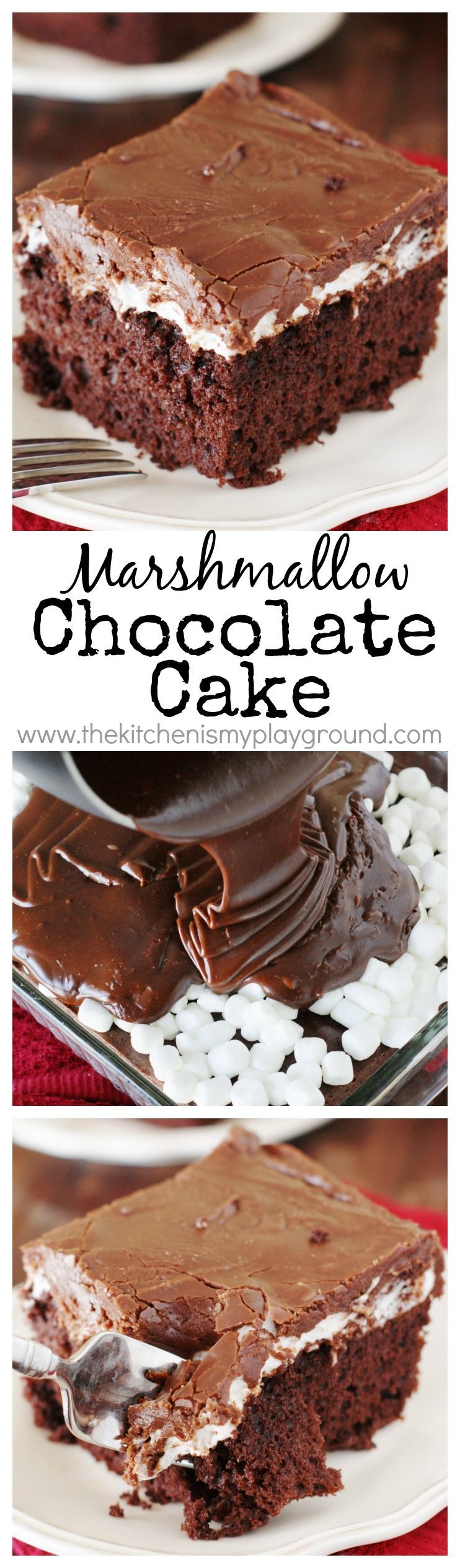 Marshmallow Chocolate Cake ~ Tender & tasty chocolate cake topped with a layer of gooey, melty marshmallow and rich