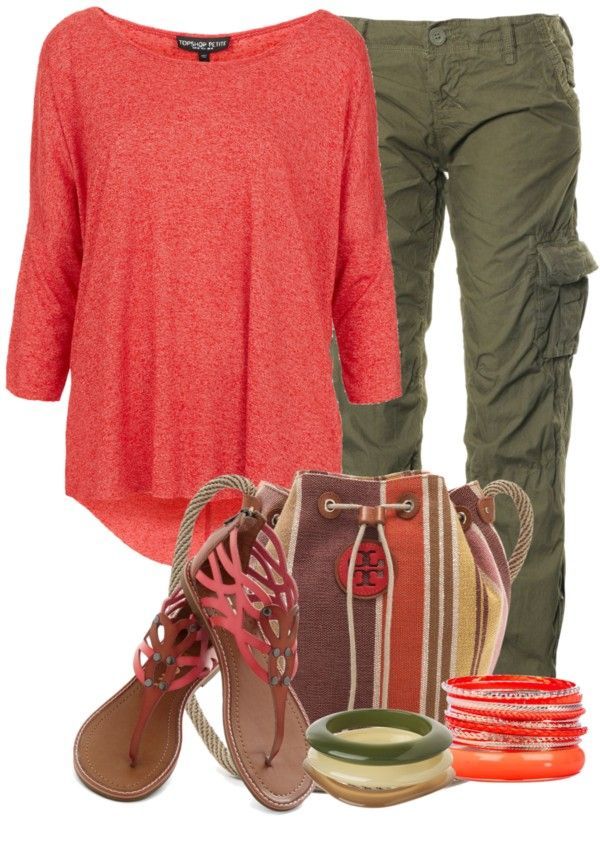 “Military Pants” cargo pants outfit option with brightly colored drape shirt. Summer.