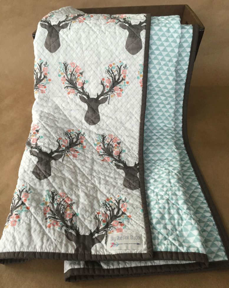 Modern Baby or Toddler Quilt/Play Mat for Baby Girl, Pink Floral Deer and Blue Triangles, Woodland Nursery or Rustic Nursery,