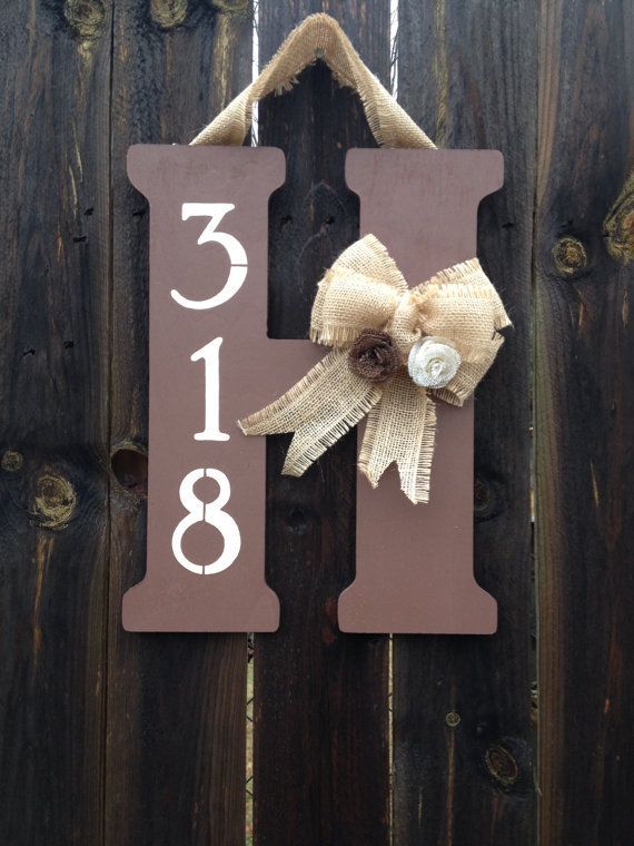 Monogram Door Hanger with Burlap Bow, Flowers, and Street Number