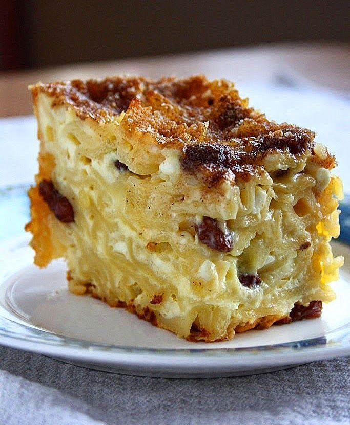 Noodle Kugel: A sweet noodle casserole made with cottage cheese, sour cream and raisins that has a custardy interior and a crunchy