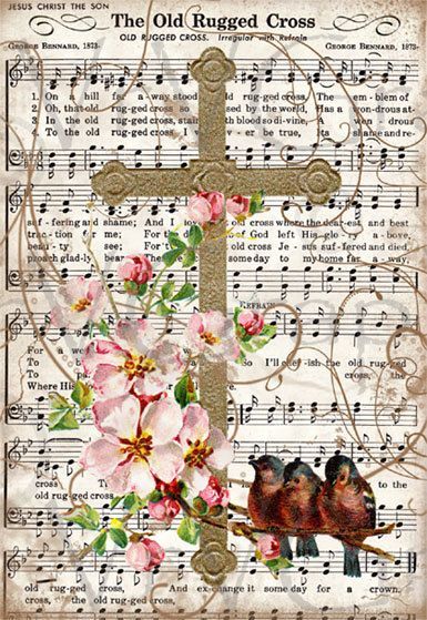 Old Rugged Cross Bird Flowers Christian Hymn Music Digital Download Image Vintage Gift Tag Collage Clipart Scan U Print Graphic