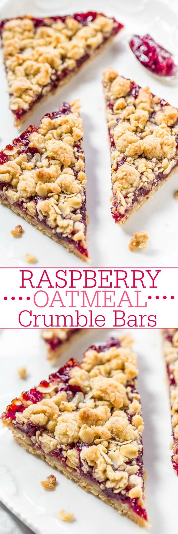 Raspberry Oatmeal Crumble Bars – Fast, easy, no-mixer bars great for breakfast, snacks, or a healthy dessert!! The big crumbles
