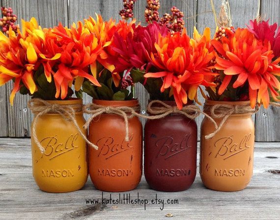 Set of 4 Pint Size Fall Mason Jars. Thanksgiving. Wedding Centerpiece. Rustic Home. Autumn Decor. Country Home Decor. Fall Jars.