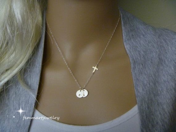 Sideways Cross Necklace – Initial Necklace – Two Initial Disc – Personalized Charm – Faith Charm – Mommy Necklace – Mother of the