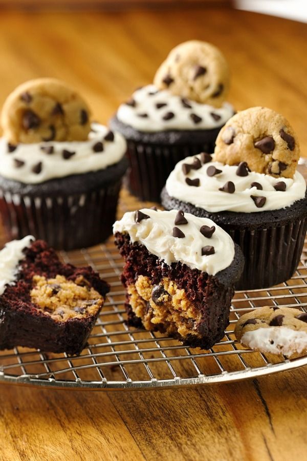 Surprise cookie dough center in these chocolate cupcakes!