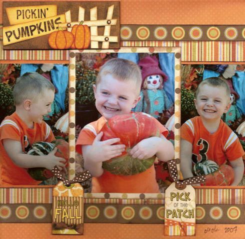 Sweet Fall “Pickin’ Pumpkins” Page…with cute tags attached with ribbon.  By neboyle – A Cherry On Top Gallery.