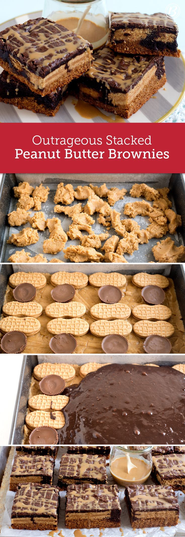 This decadent dessert is loaded with peanut butter cookie dough, peanut butter sandwich cookies, Reese’s peanut butter cups and