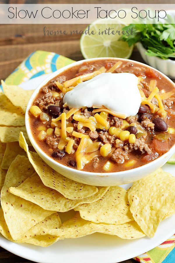 This slow cooker soup is great for the summer, fall, or winter. Make this spicy taco soup for game day and serve it with tortilla