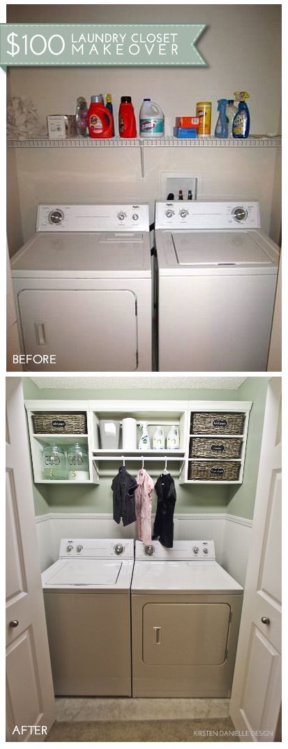 Tip: Hide laundry accessories in baskets and add hanging space above your dryer to hang clothes