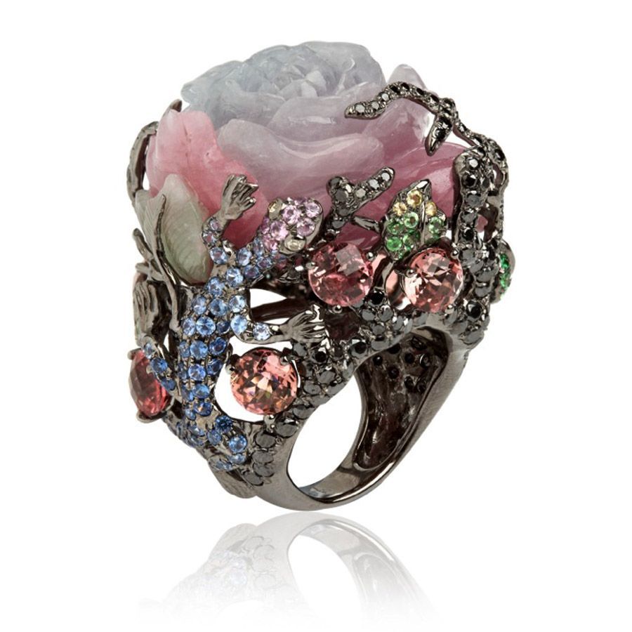 18ct white gold, diamond, sapphire garnet, jade, and tourmaline Fantasie Dusty Rose ring by Wendy Yue for Annoushka
