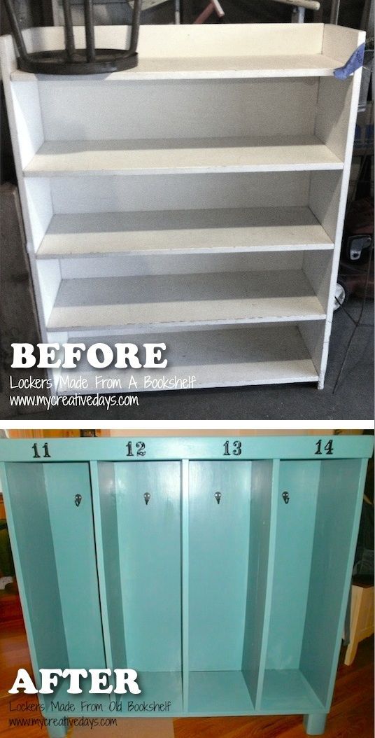 20 Creative Furniture Hacks — Turn an old bookshelf into a cute “locker” for the kids. Great for coats and backpacks!