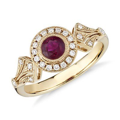 Ruby and Diamond Vintage-Inspired Milgrain Ring in 14k Yellow Gold ... -   Vintage diamond rings