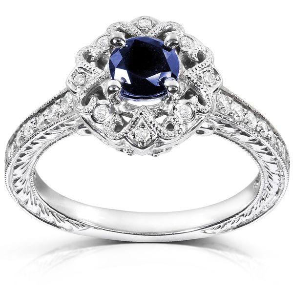 White Gold Round-cut Blue Sapphire and Diamond Vintage Engagement Ring ... -   Vintage diamond rings