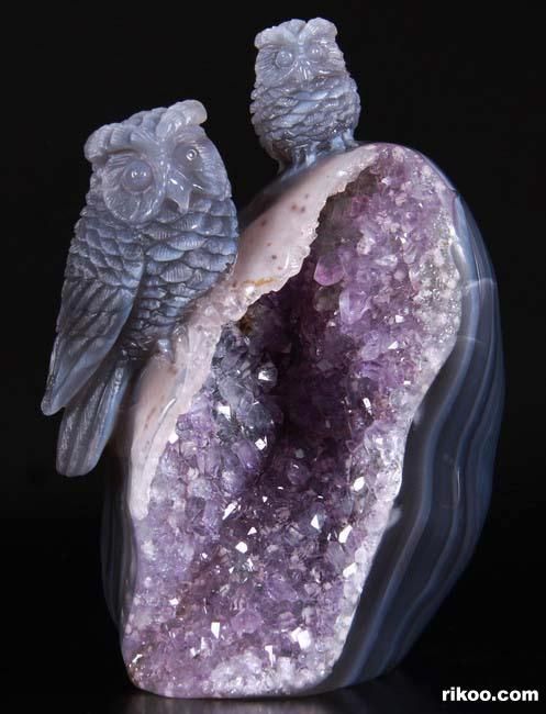 Agate Amethyst Geode, Druse Crystal Owls Carving