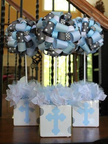 Baptism Christening Themed Ribbon Topiary in Baby Blue and Grey Cross