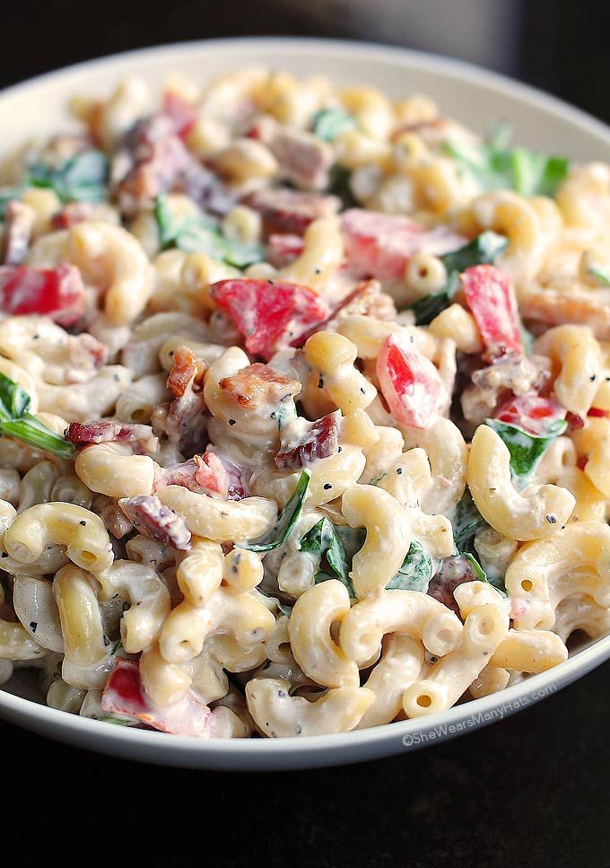 BLT Macaroni Salad Recipe made with bacon, baby spinach and tomatoes—DELISH!