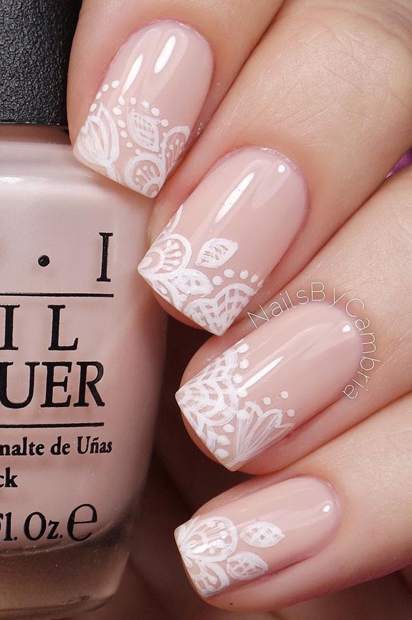 Floral inspired nude nail art. Give life to your nude nails by adding white polish on the tips with flower details on them.
