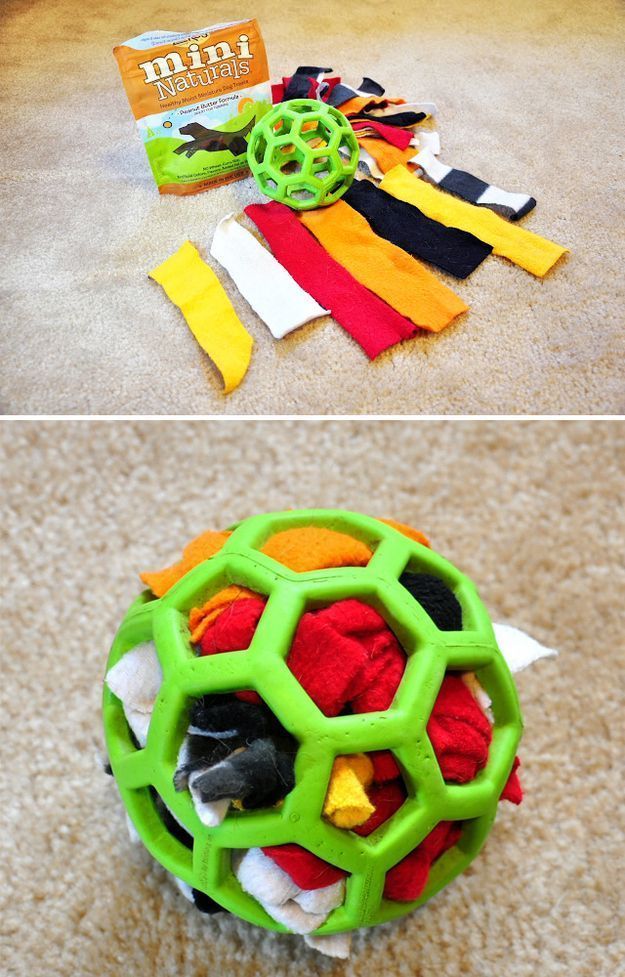 “For a dog who loves to tear apart stuffed animals, make a durable activity ball with a Hol-ee rubber ball, scraps of fabric, and