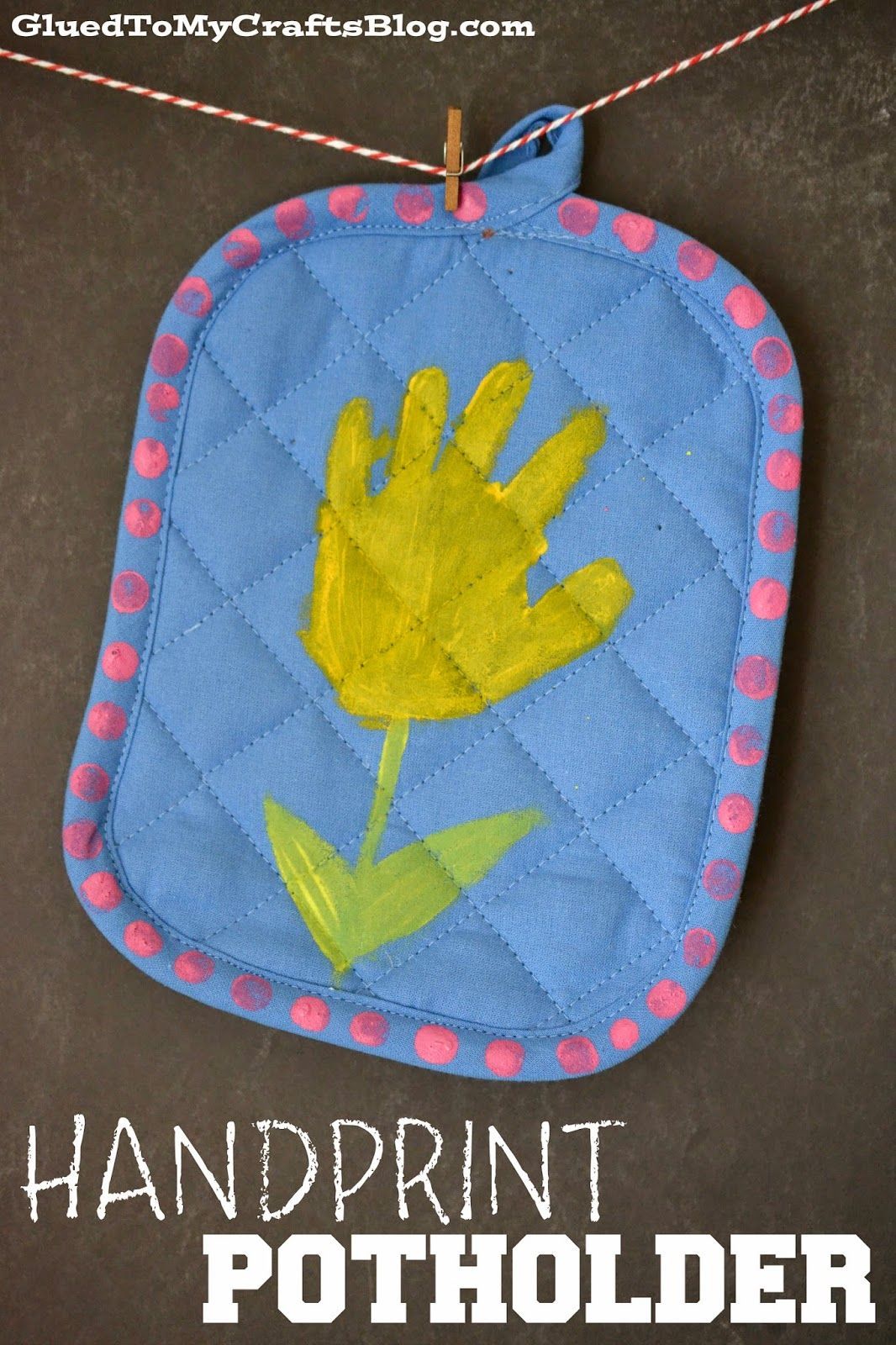 Handprint Potholder. We made these for mother’s day. All the mommies loved them to pieces! Dollar Tree has 2 packs of potholders