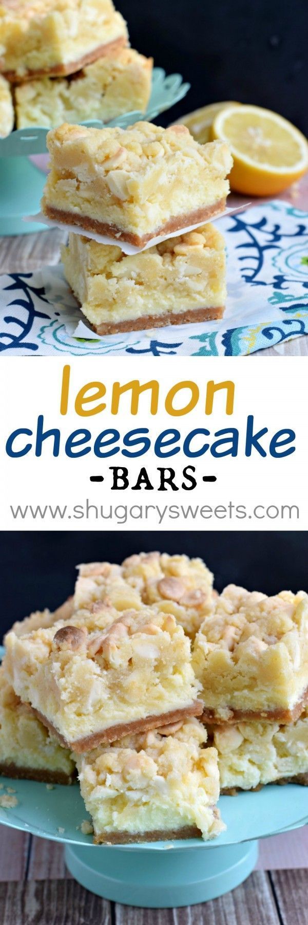 Lemon Cheesecake Bars: delicious layers of cookie crust, lemon cheesecake and a lemon cookie dough on top! Seriously amazing!!