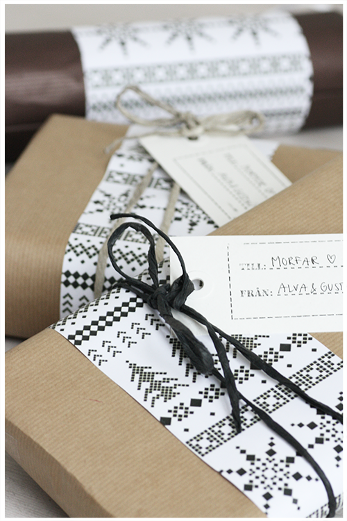 Like this idea of brown parcel paper with an accent ‘runner’ of patterned wrap