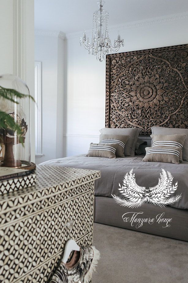 Manyara Home – Bedroom Minus the chandelier, I love this. That wooden wall art makes me happy