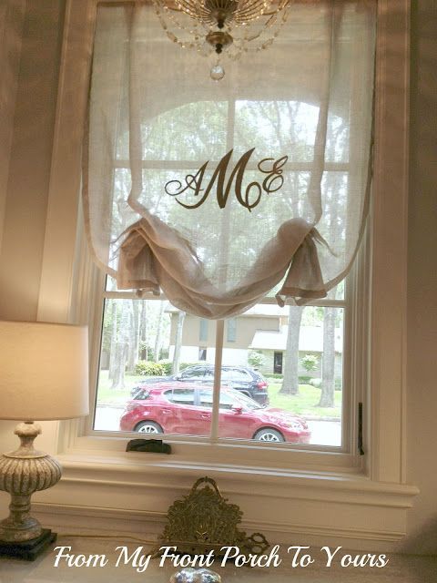 Monogramed sheer Window Treatment. Cool go on top of regular blackout curtains!