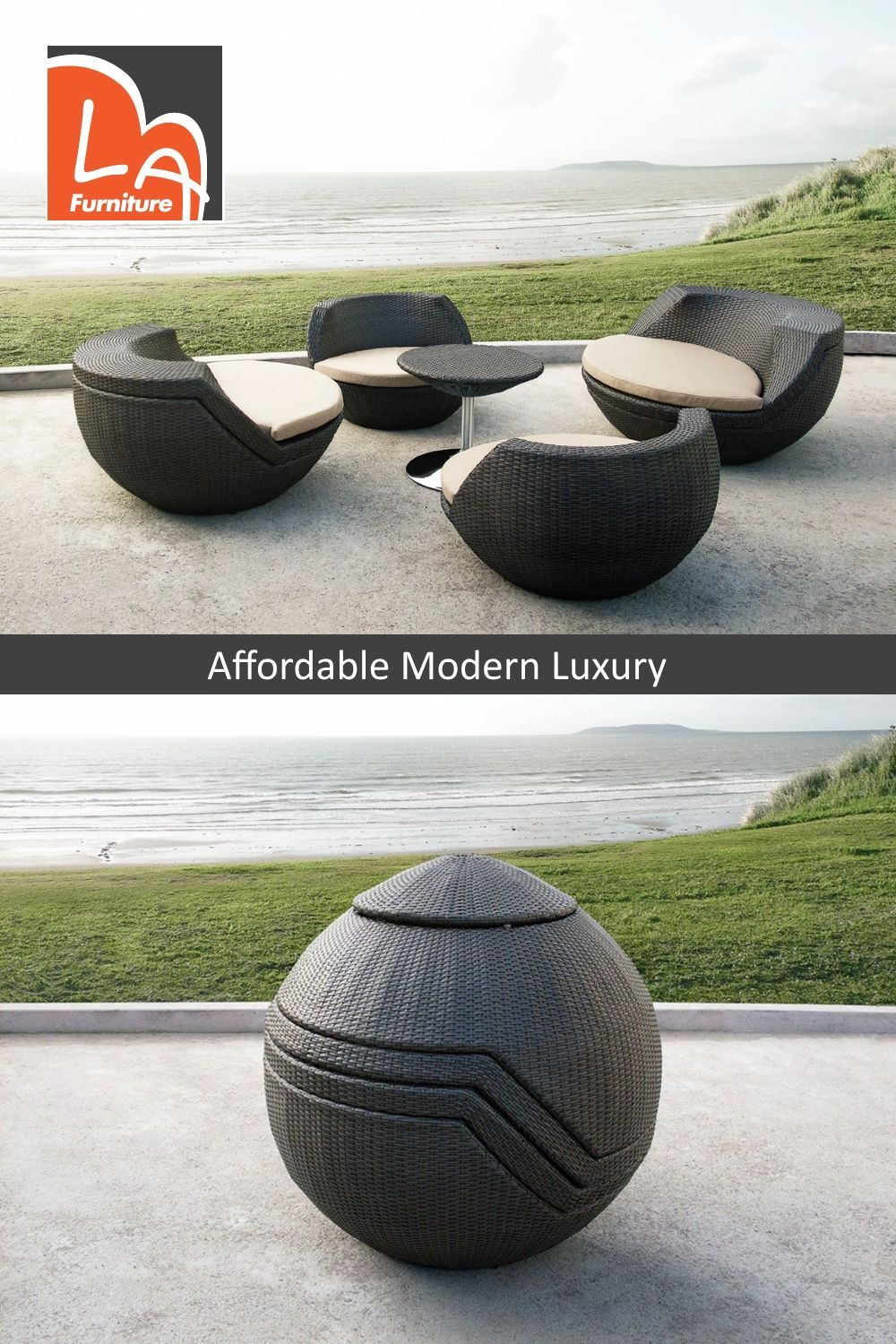 Ovum Modern Brown 5 Piece Egg Shaped Wicker Patio Set. Features rounded modern seat design, fabric padded seat cushion, and a