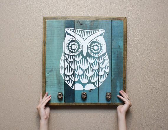 Owl painting wall art with functional knobs by MissMacie on Etsy, $132.00