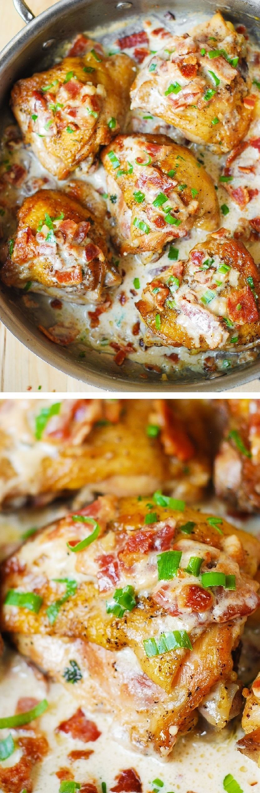 Pan-fried chicken thighs in a creamy bacon sauce with a touch of lemon! Quick and easy recipe for skin-on, bone-in chicken thighs.