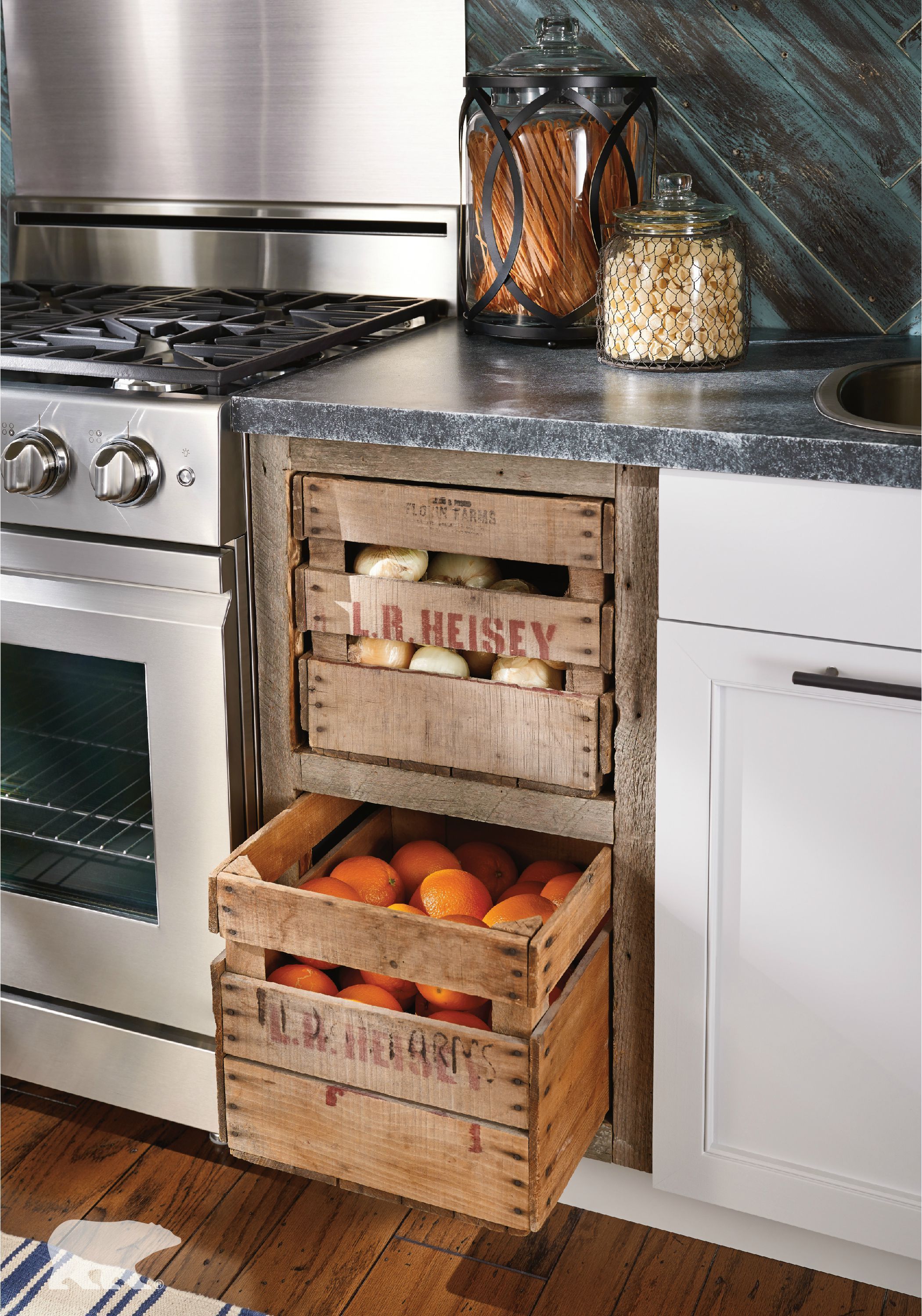Remodeling your kitchen and want a farmhouse look? Use a washed-out technique on the wood backsplash and the wood crates you hold