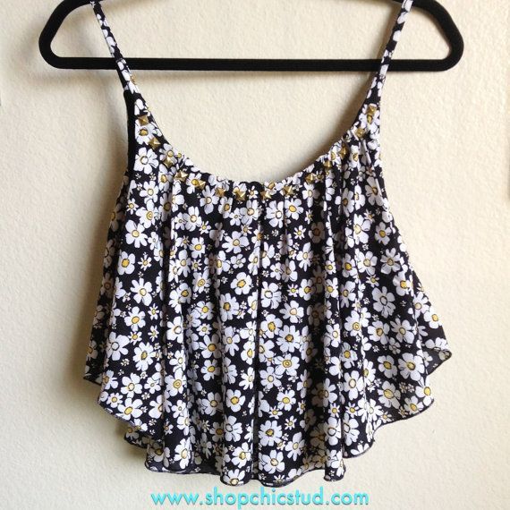 Studded Crop Top Handkerchief Tank – Daisy Flower Floral Print – Gold, Silver or Black Studs – on Etsy, $30.00