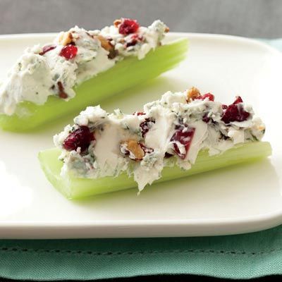 Stuffed Celery Sticks:   • 4 oz softened cream cheese   • 1/2 cup crumbled blue cheese   • 1/2 cup chopped toasted pecans
