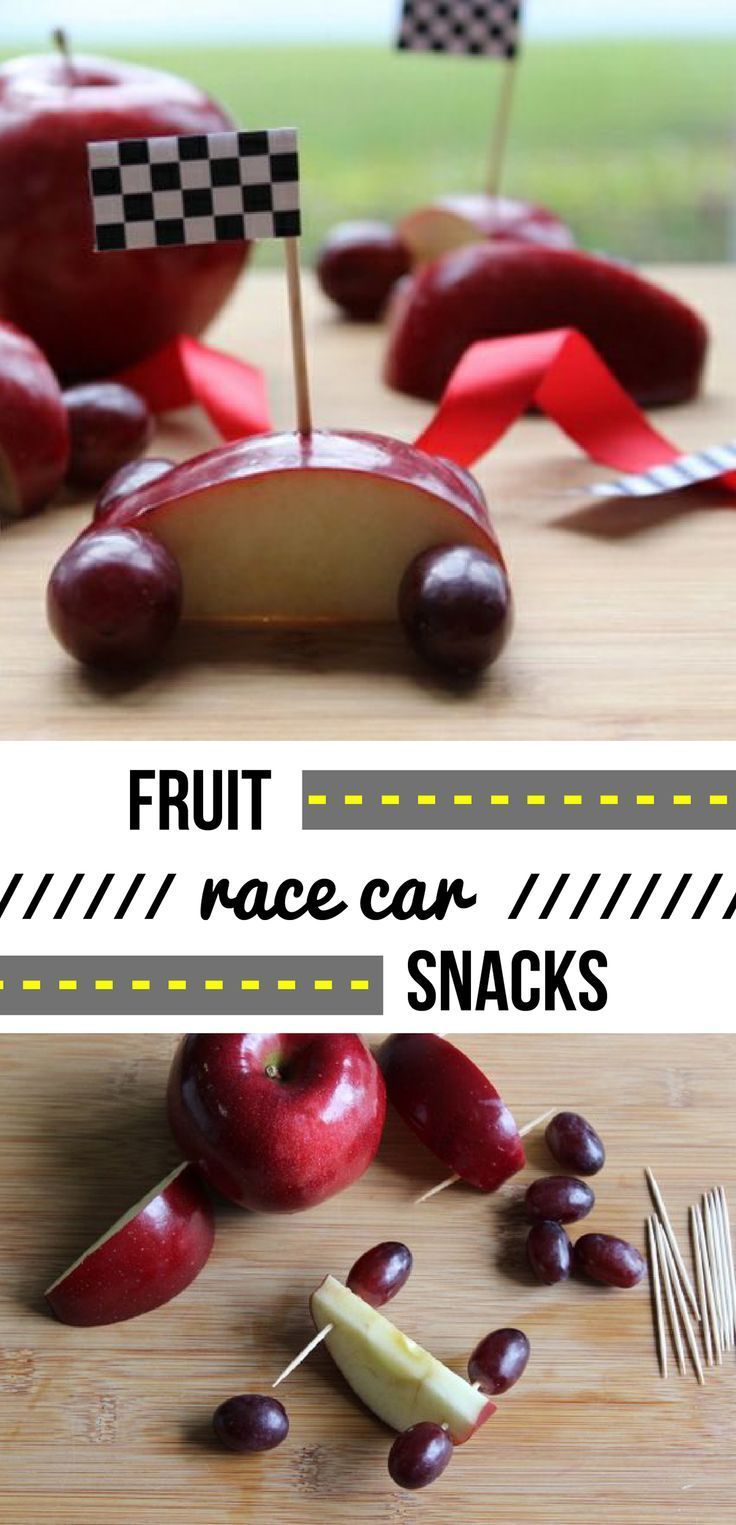 Such a great idea to help kids eat more fruit! Apples and grapes come together to make these awesome fruit race cars. Make it fun