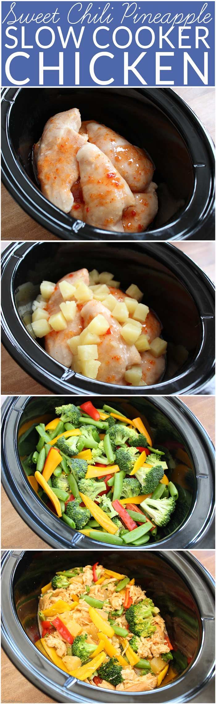 Sweet Chili Pineapple Chicken Easy Slow Cooker Meal– Easy crock pot recipe requires no thawing and uses just 4 somple