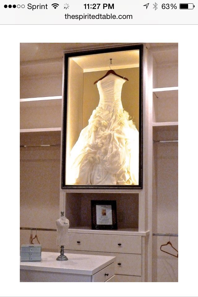 Wedding dress shadow box in closet—ummmm…. YES! Lol I need to do this ♥ so much better than storing it in a box under the