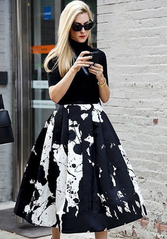 Black Floral Print A Type High Waist Skirt
