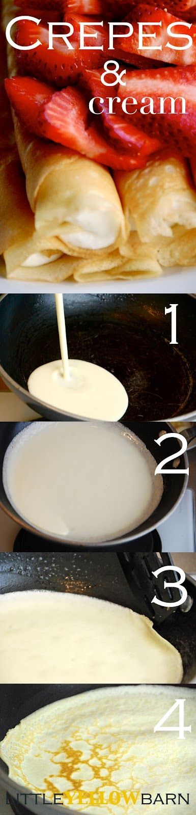 Crepes – 4 eggs, 1/2 c butter, melted, 1/3 c sugar, 1 c flour, 1 c milk, 1/4 c water, 1 tsp. vanilla, dash