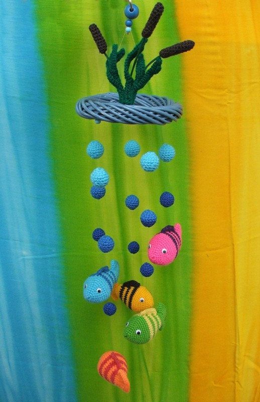 Crochet baby mobile with fish and lake – colorful decor