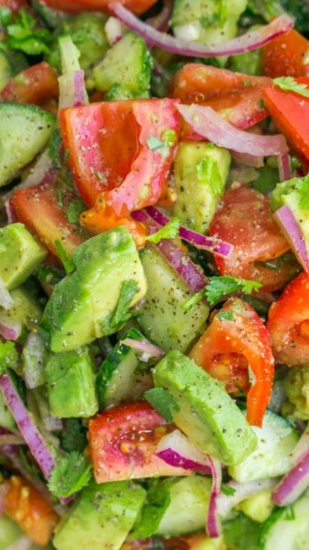 Cucumber Tomato Avocado Salad ~ with a lemon dressing and fresh cilantro… This salad recipe is a keeper!