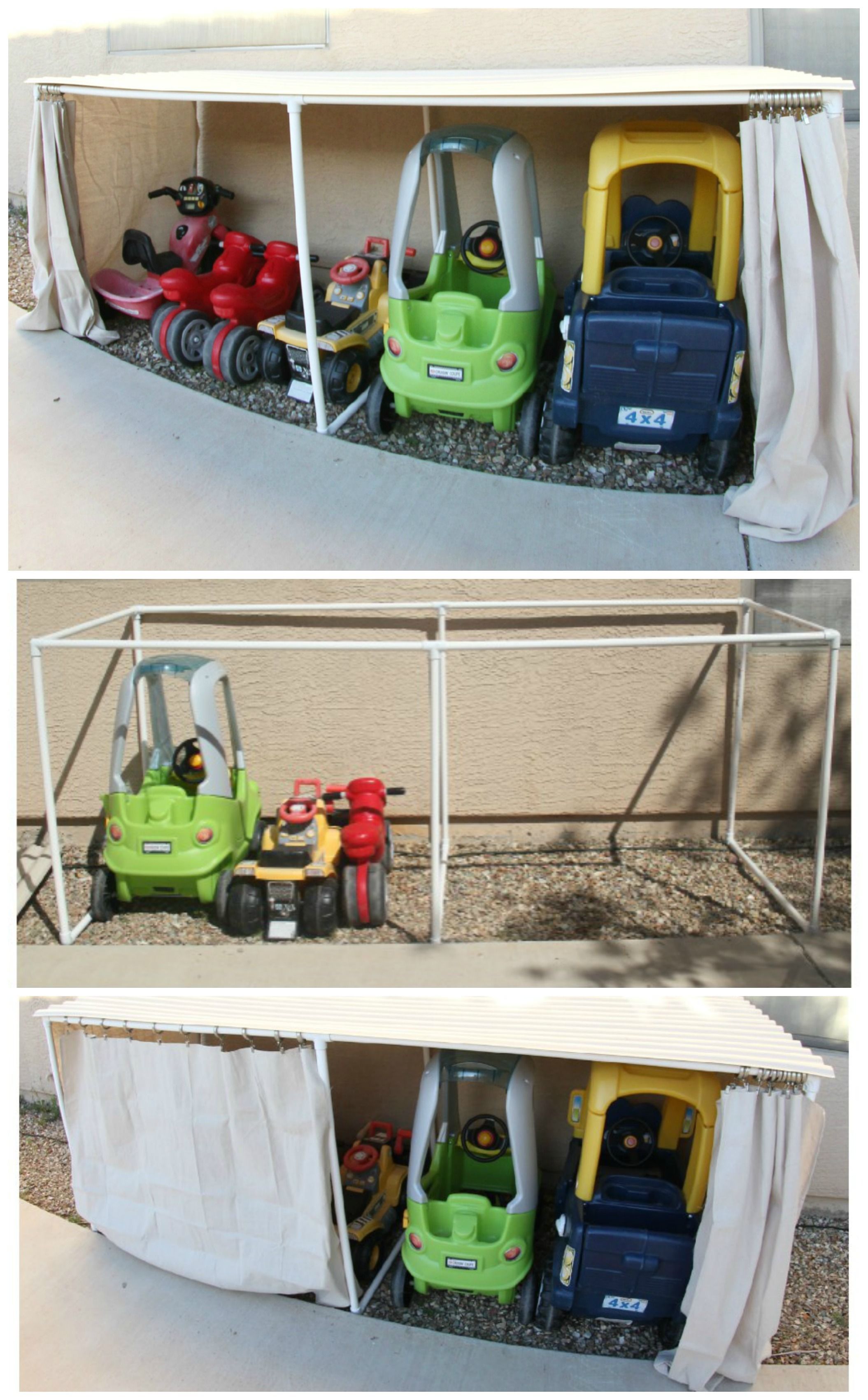 DIY Covered Kiddie Car Parking Garage ~ Outdoor Toy Organization