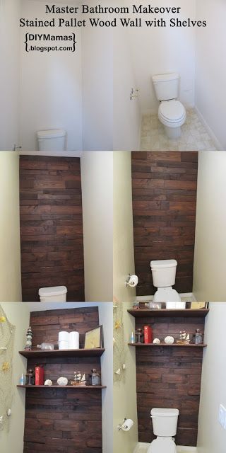 DIY Mamas: Master Bathroom Makeover! {Stained Pallet Wood Wall with Shelves}. The wall is amazing (though